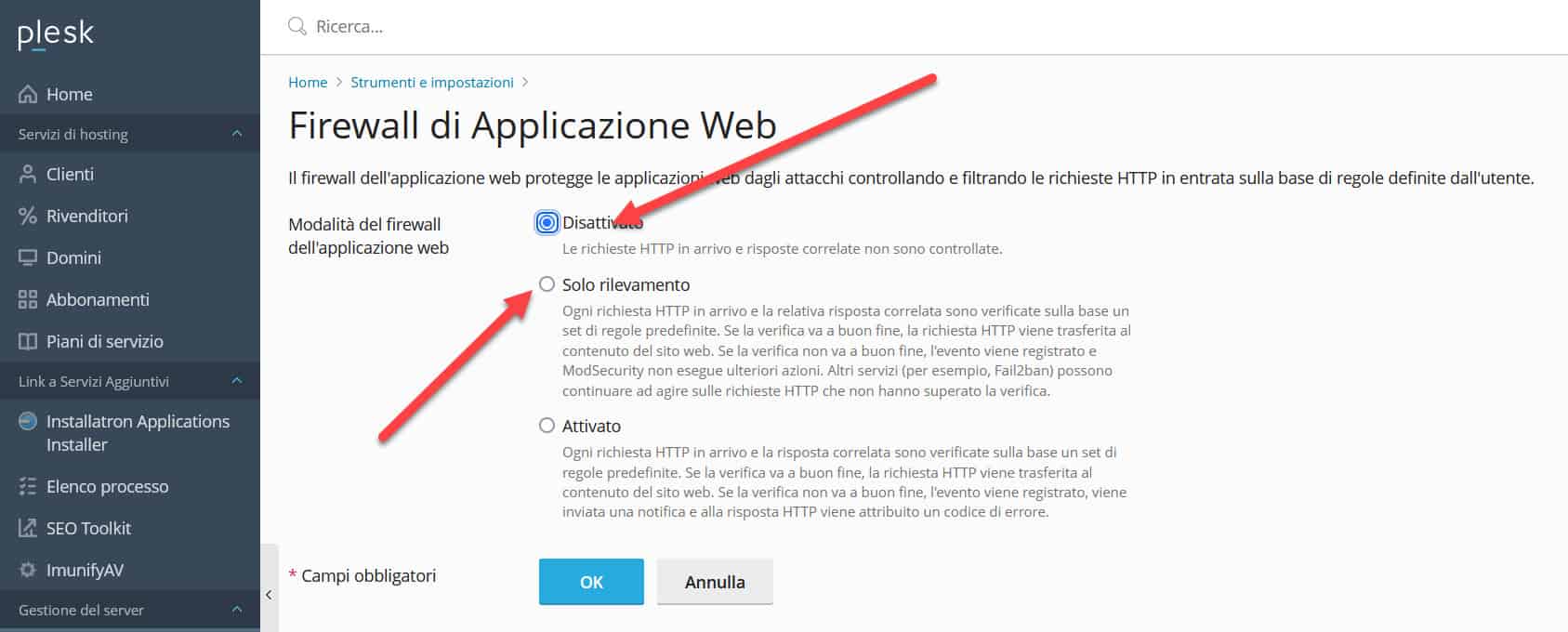 pannello di controllo plesk impostazioni disattiva firewall