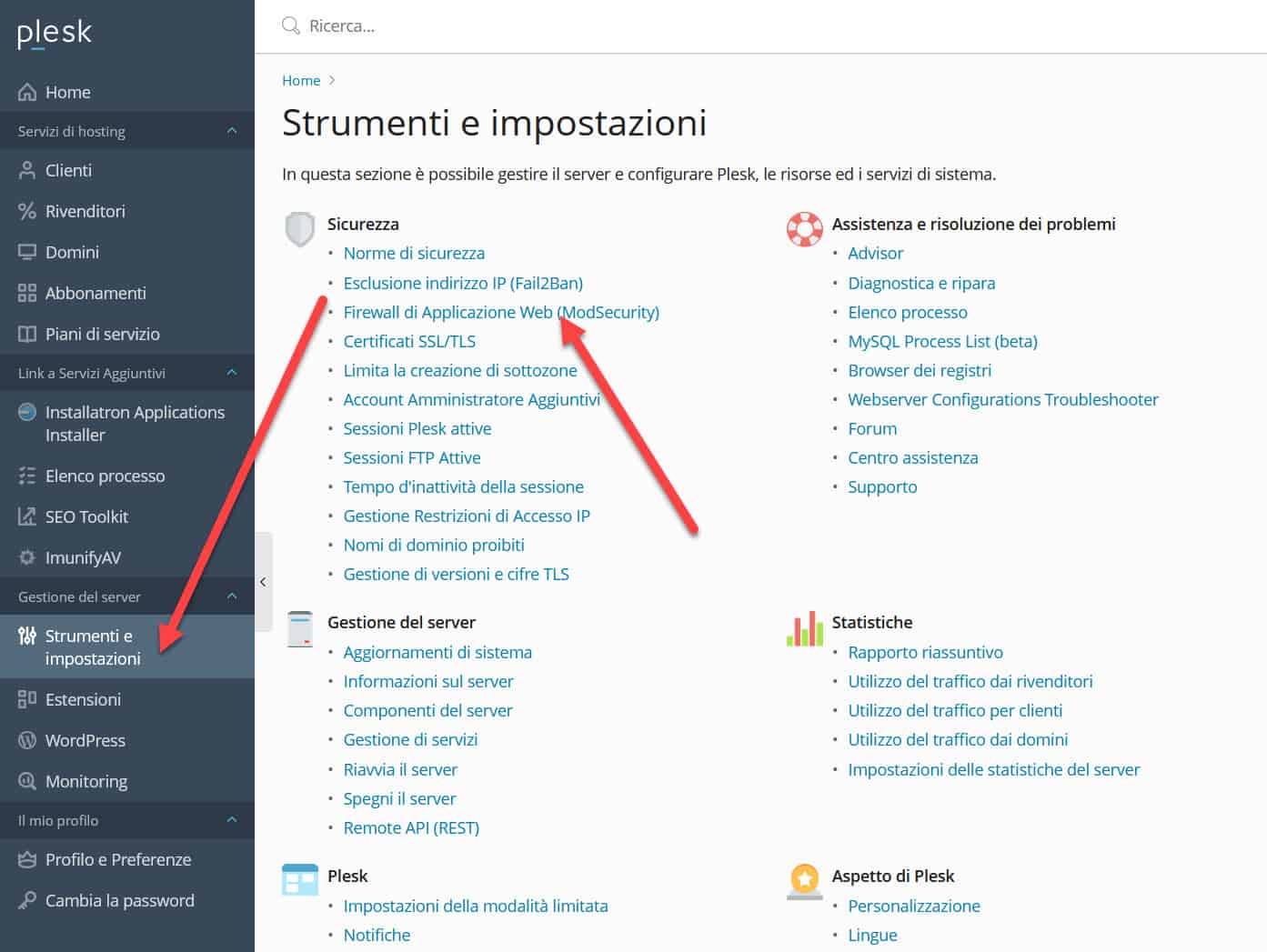 pannello di controllo plesk impostazioni